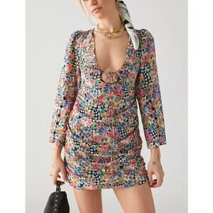 For Love and Lemons June Checkered Mini Dress Sz XS NWT Botanical Mushroom Print